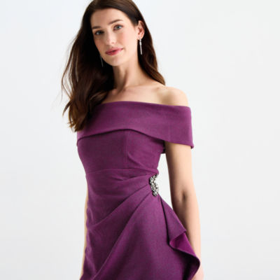 S. L. Fashions Womens Off The Shoulder Short Sleeve Glitter Sheath Dress