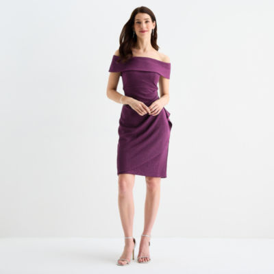 S. L. Fashions Womens Off The Shoulder Short Sleeve Glitter Sheath Dress