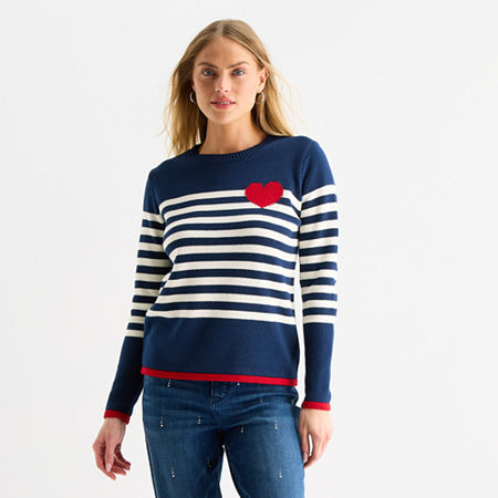 St. John's Bay Womens Crew Neck Long Sleeve Striped Cable Knit Pullover Sweater In Blue