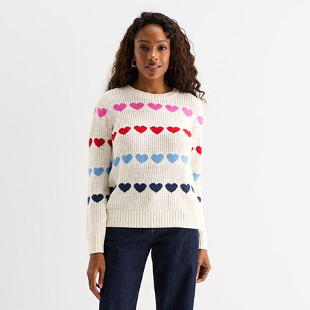 St. John's Bay Womens Crew Neck Long Sleeve Cable Knit Pullover Sweater In White