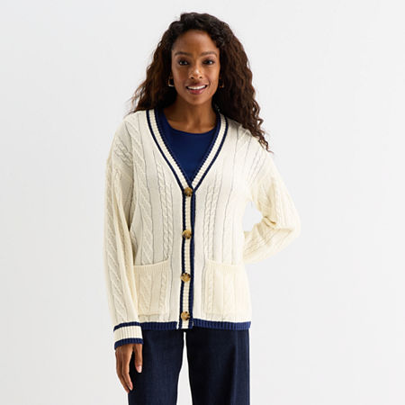 St. John's Bay Womens V Neck Long Sleeve Button Cable Knit Cardigan In White