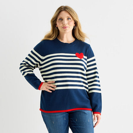 St. John's Bay Plus Womens Crew Neck Long Sleeve Striped Cable Knit Pullover Sweater In Multi