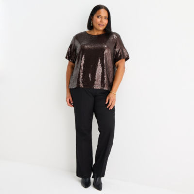 Liz Claiborne Womens Plus Crew Neck Short Sleeve Blouse