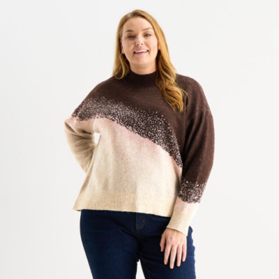 Liz Claiborne Plus Womens Mock Neck Long Sleeve Pullover Sweater