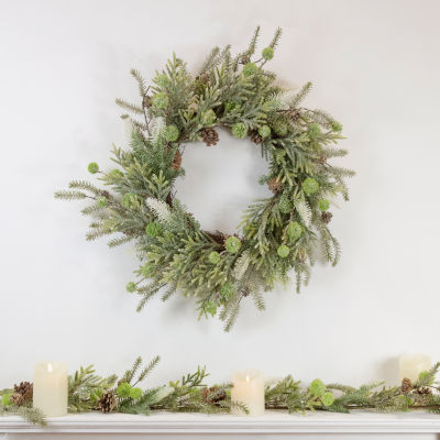 Northlight 24" Artificial With Frosted Foliage And Pine Cones Wreath