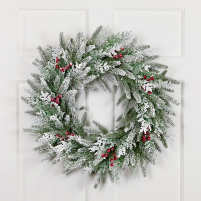 Northlight 24" Flocked Wind River Fir With Berries Wreath