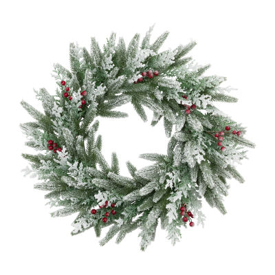 Northlight 24" Flocked Wind River Fir With Berries Wreath
