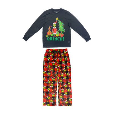 Mens Dr. Seuss Grinch Microfleece Crew Neck Long Sleeve 2-pc. Matching Family Big Pajama Sets