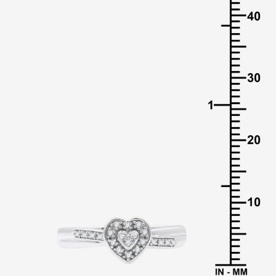 Yes, Please! Womens 1/10 CT. T.W. Lab Grown White Diamond Sterling Silver Heart Halo Side Stone Cocktail Ring