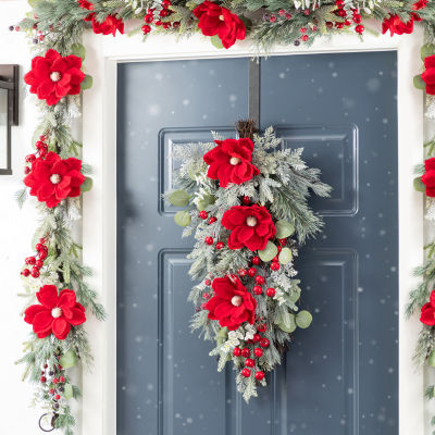 Glitzhome 28"H Christmas Red  Mangnolia & Berry Teardrop Floral Arrangement