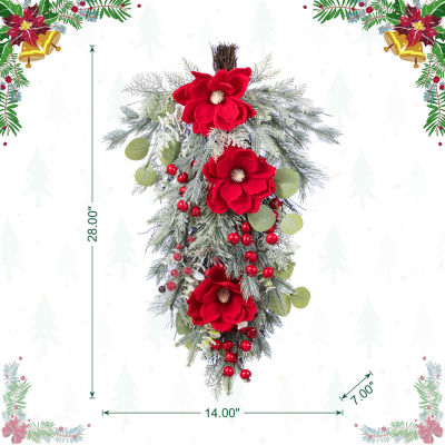 Glitzhome 28"H Christmas Red  Mangnolia & Berry Teardrop Floral Arrangement