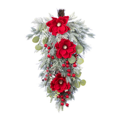 Glitzhome 28"H Christmas Red  Mangnolia & Berry Teardrop Floral Arrangement