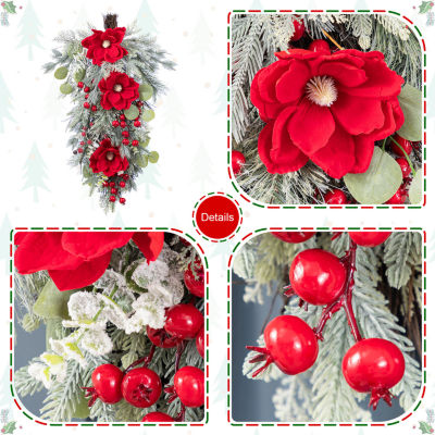 Glitzhome 28"H Christmas Red  Mangnolia & Berry Teardrop Floral Arrangement