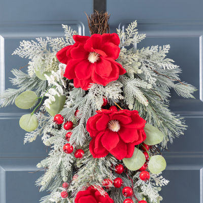 Glitzhome 28"H Christmas Red  Mangnolia & Berry Teardrop Floral Arrangement