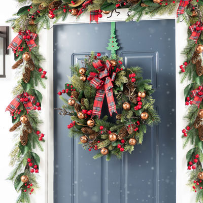 Glitzhome 24"D Christmas Bell, Pinecone & Berry Bow Wreath Floral Arrangement