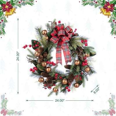 Glitzhome 24"D Christmas Bell, Pinecone & Berry Bow Wreath Floral Arrangement