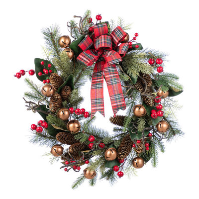 Glitzhome 24"D Christmas Bell, Pinecone & Berry Bow Wreath Floral Arrangement
