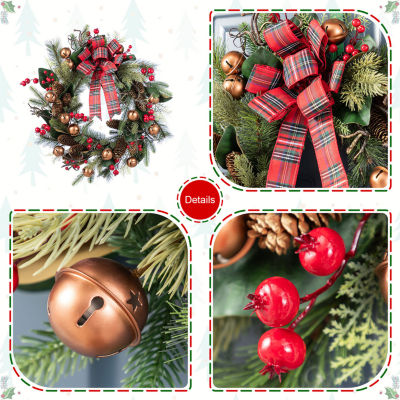 Glitzhome 24"D Christmas Bell, Pinecone & Berry Bow Wreath Floral Arrangement