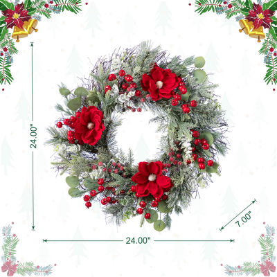 Glitzhome 24"D Christmas Red  Mangnolia & Berry Wreath Floral Arrangement
