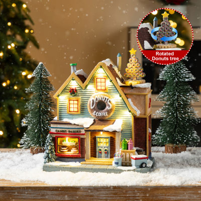 Glitzhome 11"H Lighted Christmas Donuts & Coffee Shop Resin Village Christmas Tabletop Decor