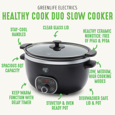 GreenLife Cook Duo Healthy Ceramic Nonstick 6QT Slow Cooker, PFAS-Free, Digital Timer, Dishwasher Safe Parts