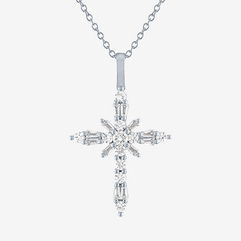 Yes, Please! Womens Lab Created White Sapphire Sterling Silver Cross  Pendant Necklace
