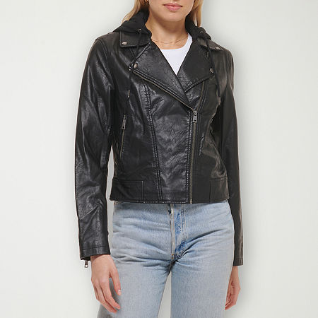 Levi's Womens Faux Leather Hooded Motorcycle Jacket, Medium, Black