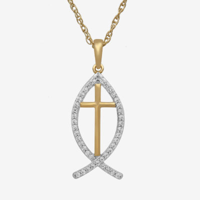 Christian Ichthys Fish Womens Lab Created White Sapphire 14K Gold Over Silver Cross Pendant Necklace