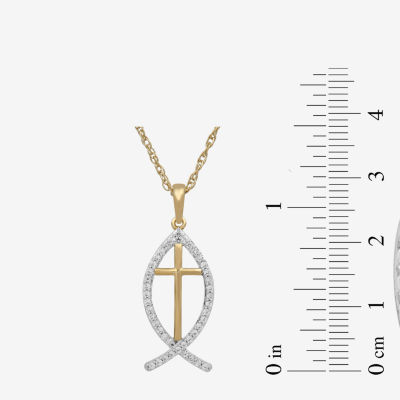 Christian Ichthys Fish Womens Lab Created White Sapphire 14K Gold Over Silver Cross Pendant Necklace