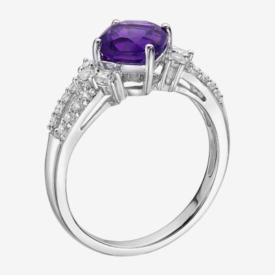 Womens Genuine Purple Amethyst Sterling Silver Cocktail Ring