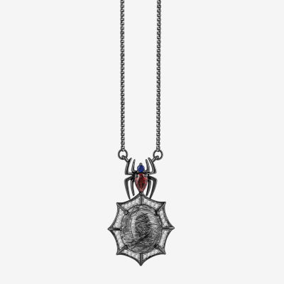 Marvel Fine Jewelry Womens 1/10 CT. T.W. Genuine Black Quartz Sterling Silver Round Spiderman Pendant Necklace