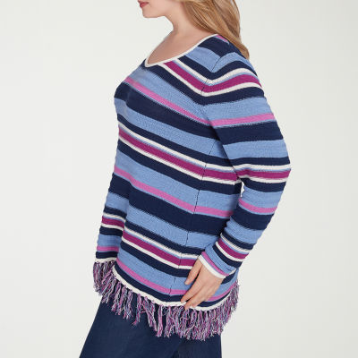 Hearts Of Palm Plus Womens Long Sleeve Striped Pullover Sweater