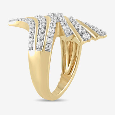 (H / I1-I2) Womens 1 CT. T.W. Lab Grown White Diamond 14K Gold Over Silver Bypass  Cocktail Ring