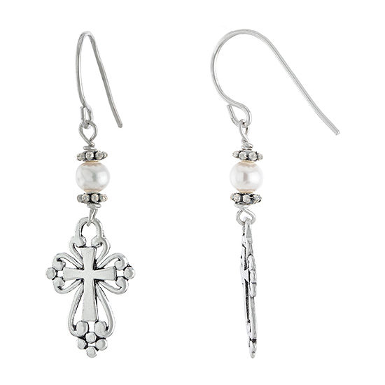 Silver Treasures Sterling Silver Cultured Freshwater Pearl Cross Drop Earrings