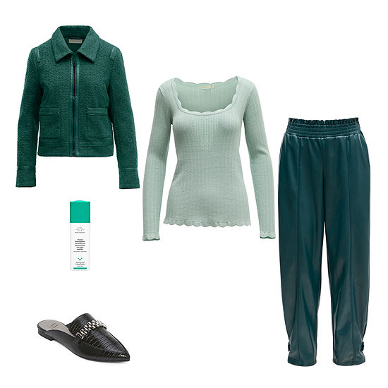 Green Scene: Boucle Jacket, Scallop-Edge Tee, Leather Joggers & Worthington Mules