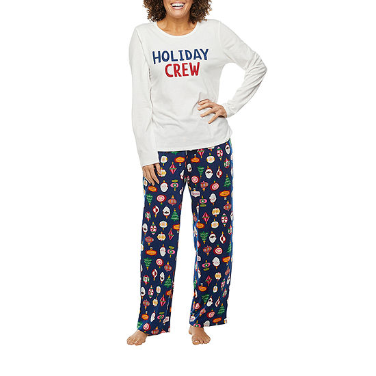 North Pole Trading Co. Vintage Ornaments Womens Crew Neck Long Sleeve 2-pc. Pant Pajama Set