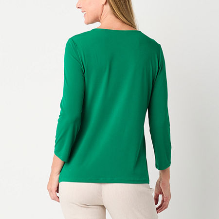 Liz Claiborne Womens Keyhole Neck 3/4 Sleeve Blouse, Petite Large, Green