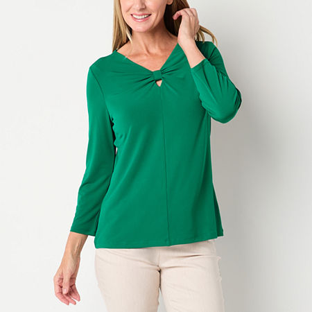 Liz Claiborne Womens Keyhole Neck 3/4 Sleeve Blouse, Petite Large, Green