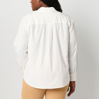 Stylus Womens Plus V Neck Long Sleeve Regular Fit Button-Down Shirt