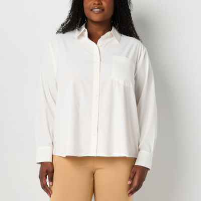 Stylus Womens Plus V Neck Long Sleeve Regular Fit Button-Down Shirt