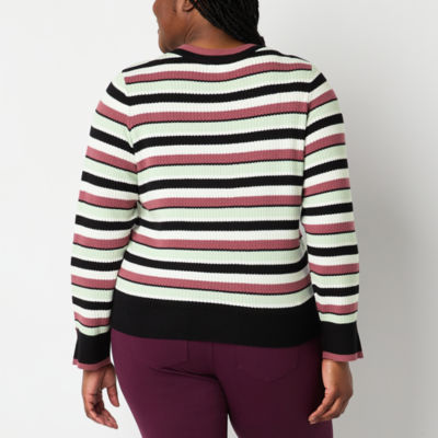 Liz Claiborne Plus Womens Crew Neck Long Sleeve Striped Pullover Sweater