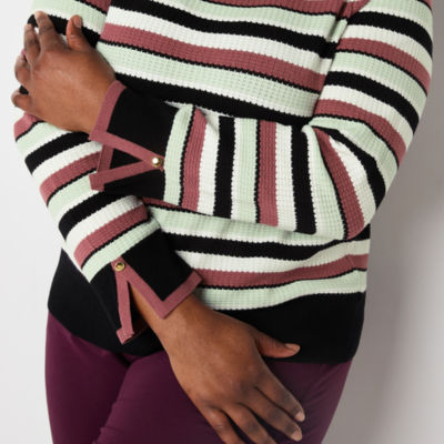 Liz Claiborne Plus Womens Crew Neck Long Sleeve Striped Pullover Sweater