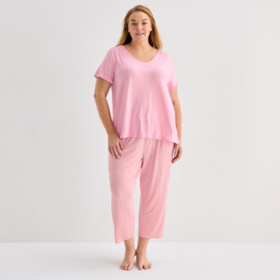 Liz Claiborne Womens V-Neck Short Sleeve 2-pc. Plus Pajama Sets
