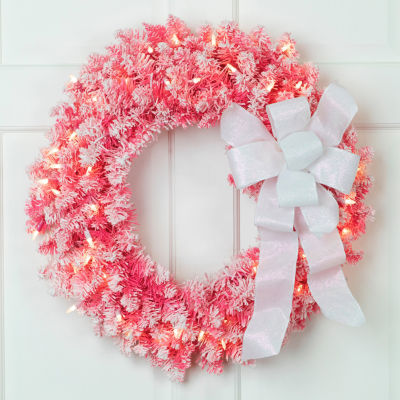 Northlight Flocked Pink Artificial With Clear Lights Pre-Lit Wreath