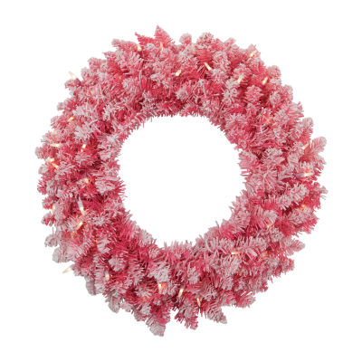 Northlight Flocked Pink Artificial With Clear Lights Pre-Lit Wreath