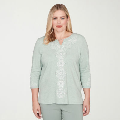 Alfred Dunner Stockbridge Womens Split Crew Neck 3/4 Sleeve T-Shirt