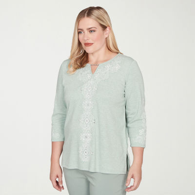 Alfred Dunner Stockbridge Womens Split Crew Neck 3/4 Sleeve T-Shirt