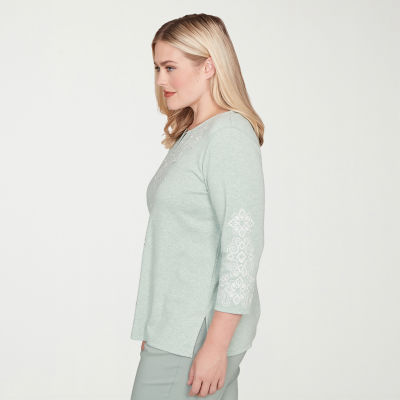 Alfred Dunner Stockbridge Womens Split Crew Neck 3/4 Sleeve T-Shirt