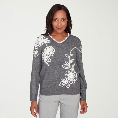 Alfred Dunner Stockbridge Womens V Neck Long Sleeve Floral Pullover Sweater