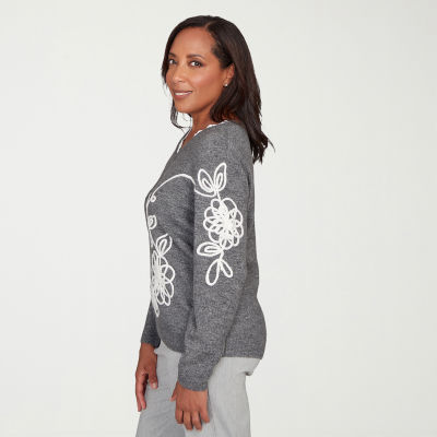 Alfred Dunner Stockbridge Womens V Neck Long Sleeve Floral Pullover Sweater